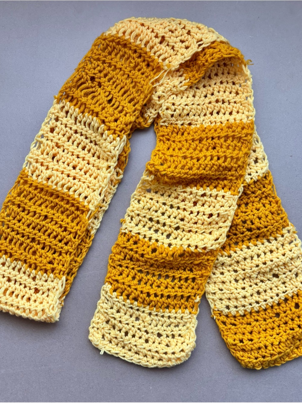Men’s or Women’s Yellow and Orange Striped Handmade Crochet Scarf - Picture 2 of 3